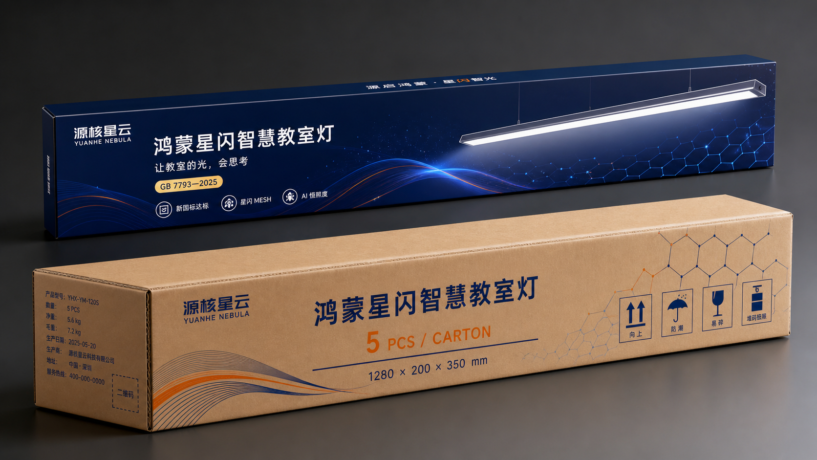 源核星云鸿蒙星闪智慧教室灯产品与包装展示